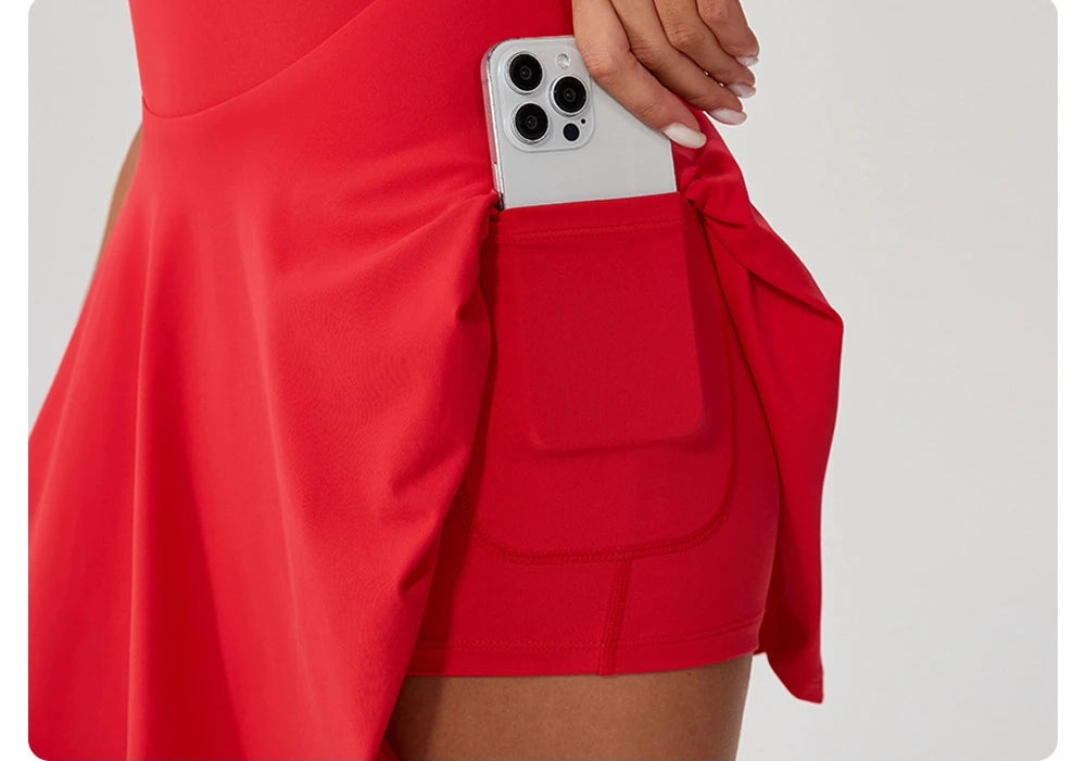 Women’s Performance Tennis Dress with Pockets – Built-In Shorts Court Activewear