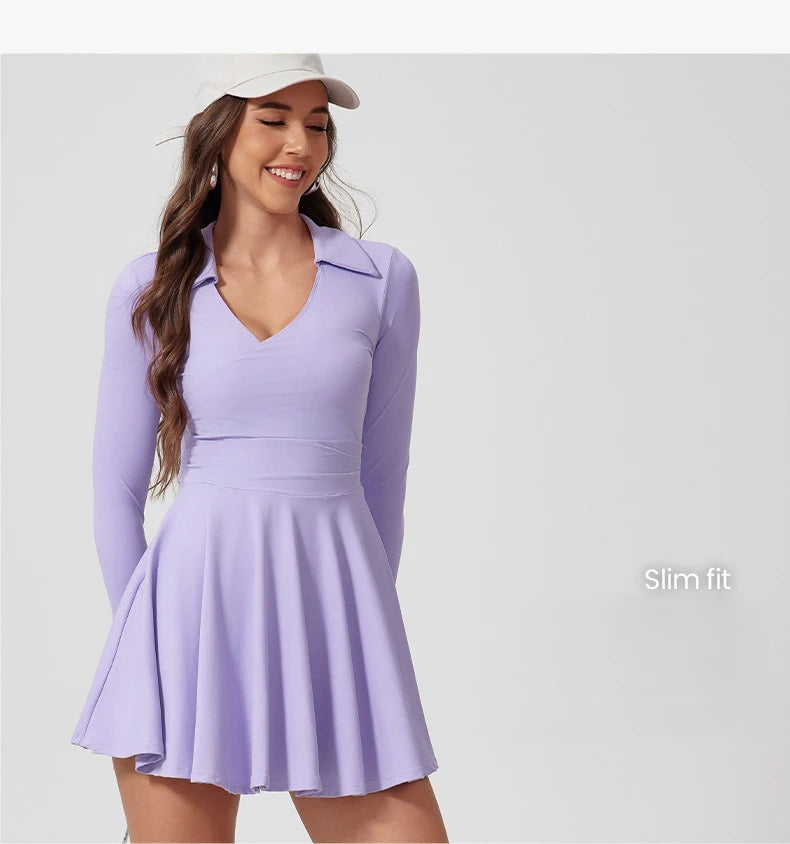 Women’s Tennis & Golf Dress – Long Sleeves Performance Court Dress for Padel, Workout & Yoga