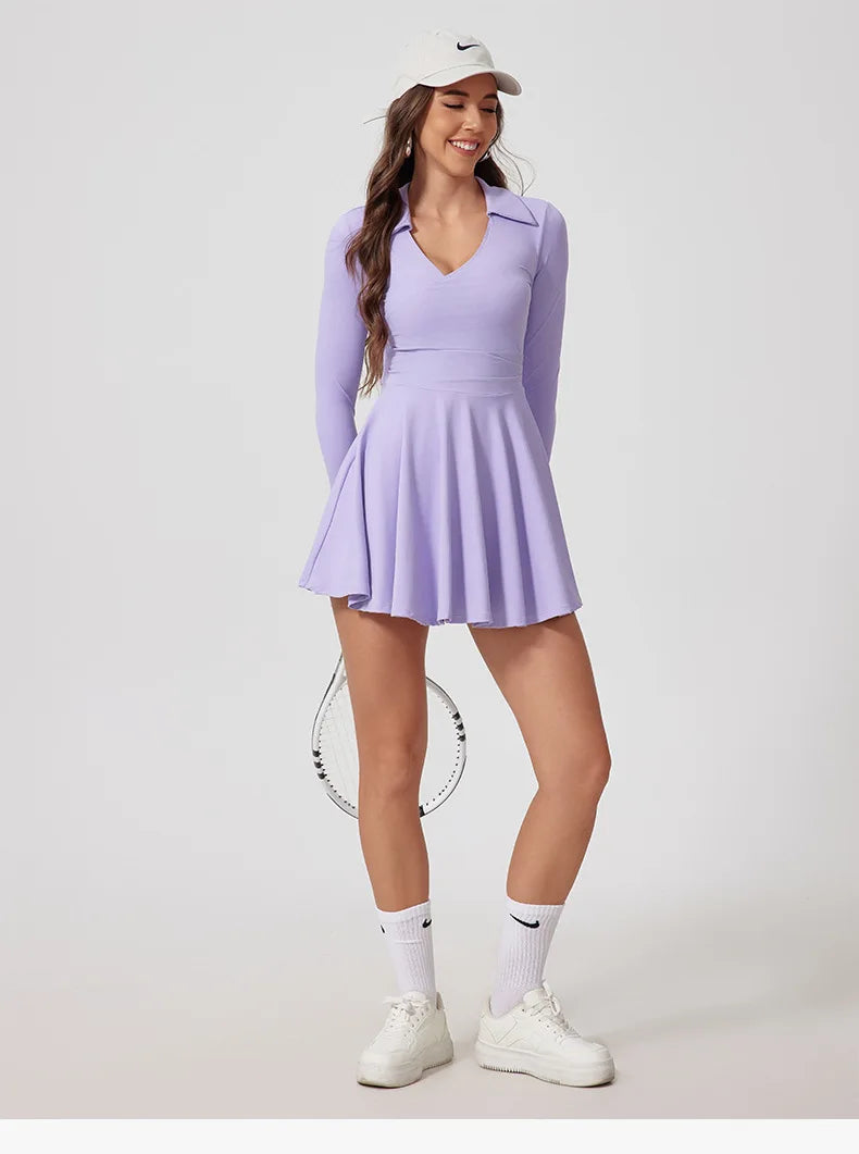 Women’s Tennis & Golf Dress – Long Sleeves Performance Court Dress for Padel, Workout & Yoga