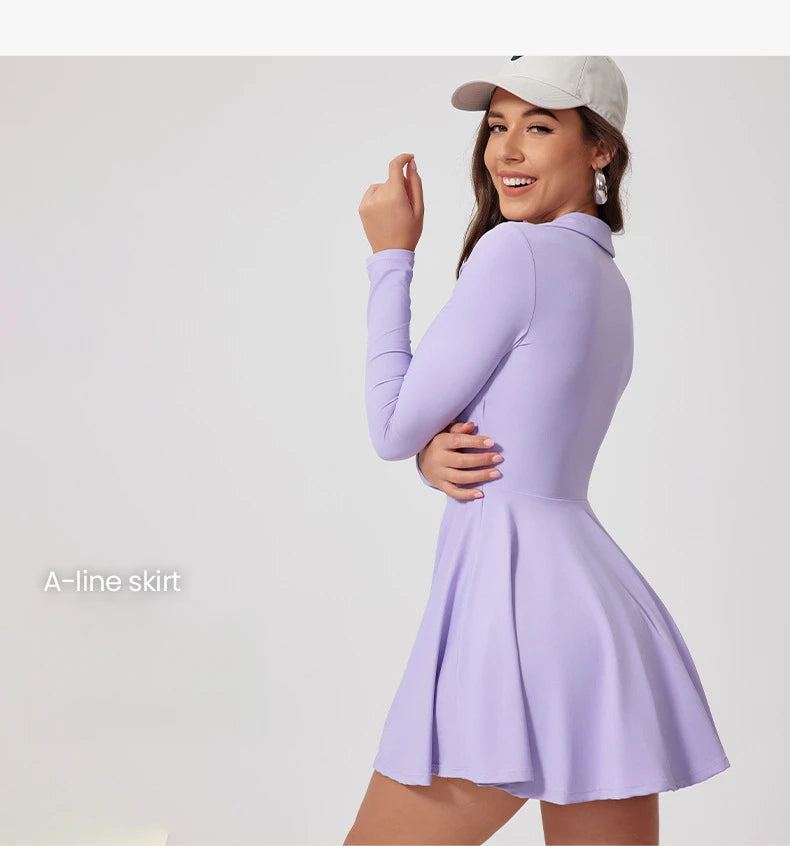 Women’s Tennis & Golf Dress – Long Sleeves Performance Court Dress for Padel, Workout & Yoga
