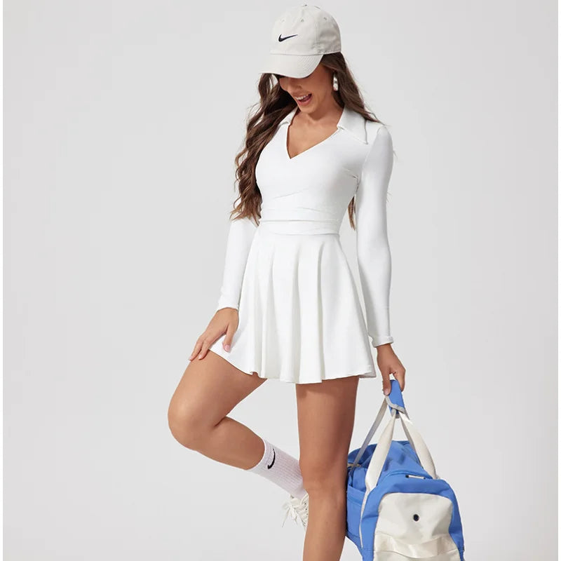 Women’s Tennis & Golf Dress – Long Sleeves Performance Court Dress for Padel, Workout & Yoga